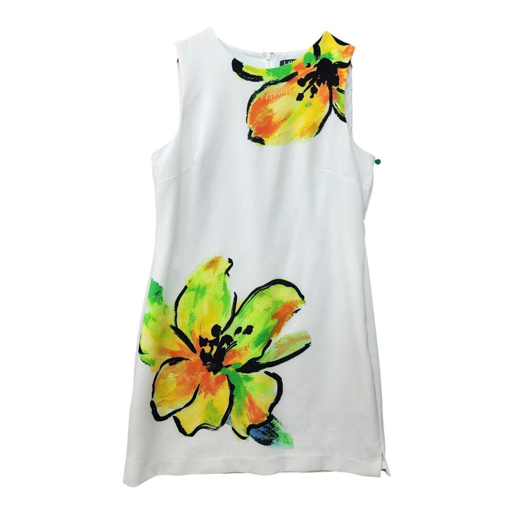 Lauren Ralph Lauren Dress 12P White Floral Shift Sleeveless Lined Stretch Career - Picture 7 of 12
